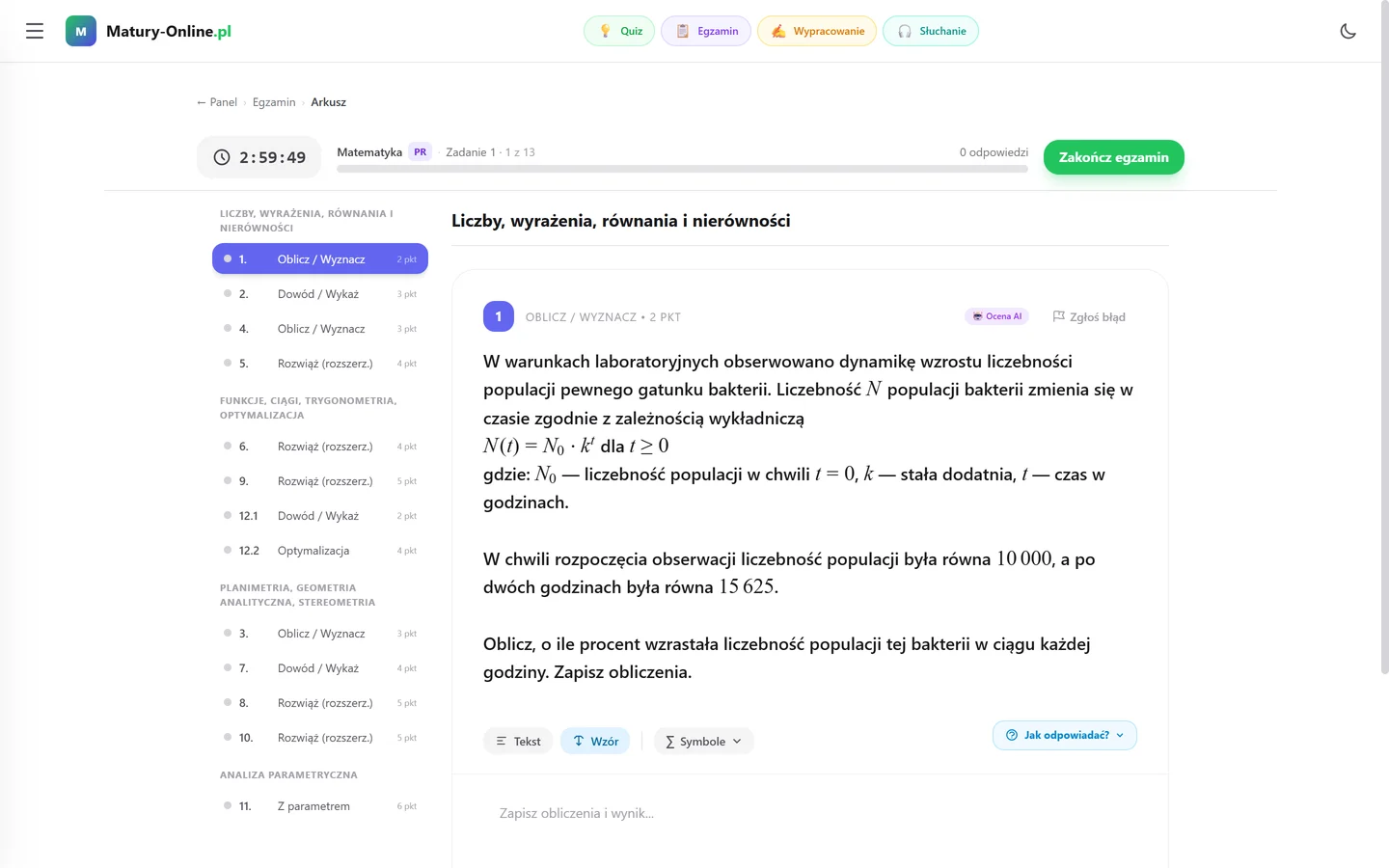 Egzamin Live: arkusz CKE z matematyki, poziom rozszerzony, maj 2025 — zegar, lista zadań i zadanie 1