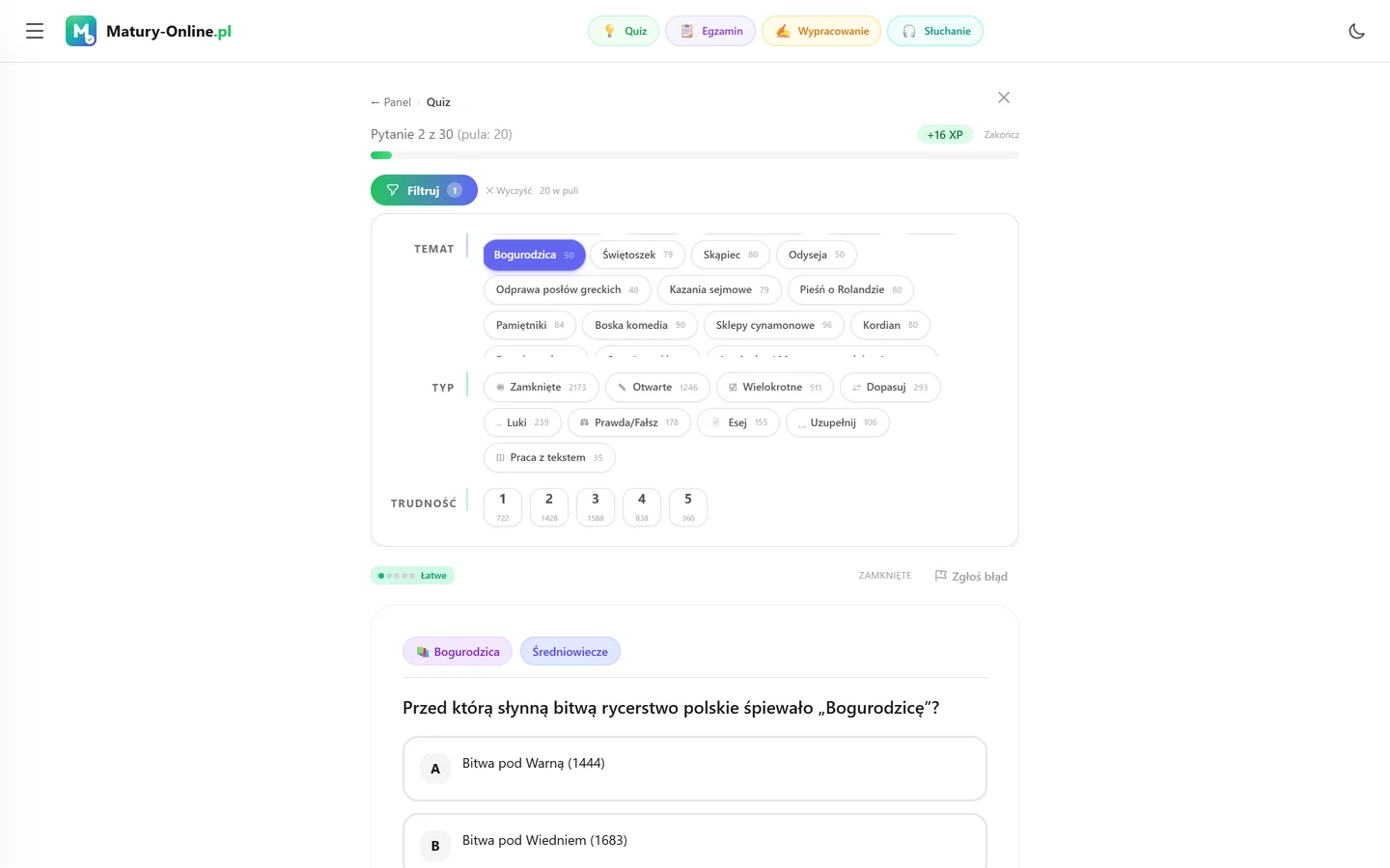 Quiz w Matury Online — panel „Filtruj” z zaznaczonym tematem „Bogurodzica”, typy zadań i trudność 1–5, pod spodem pytanie z tego tematu