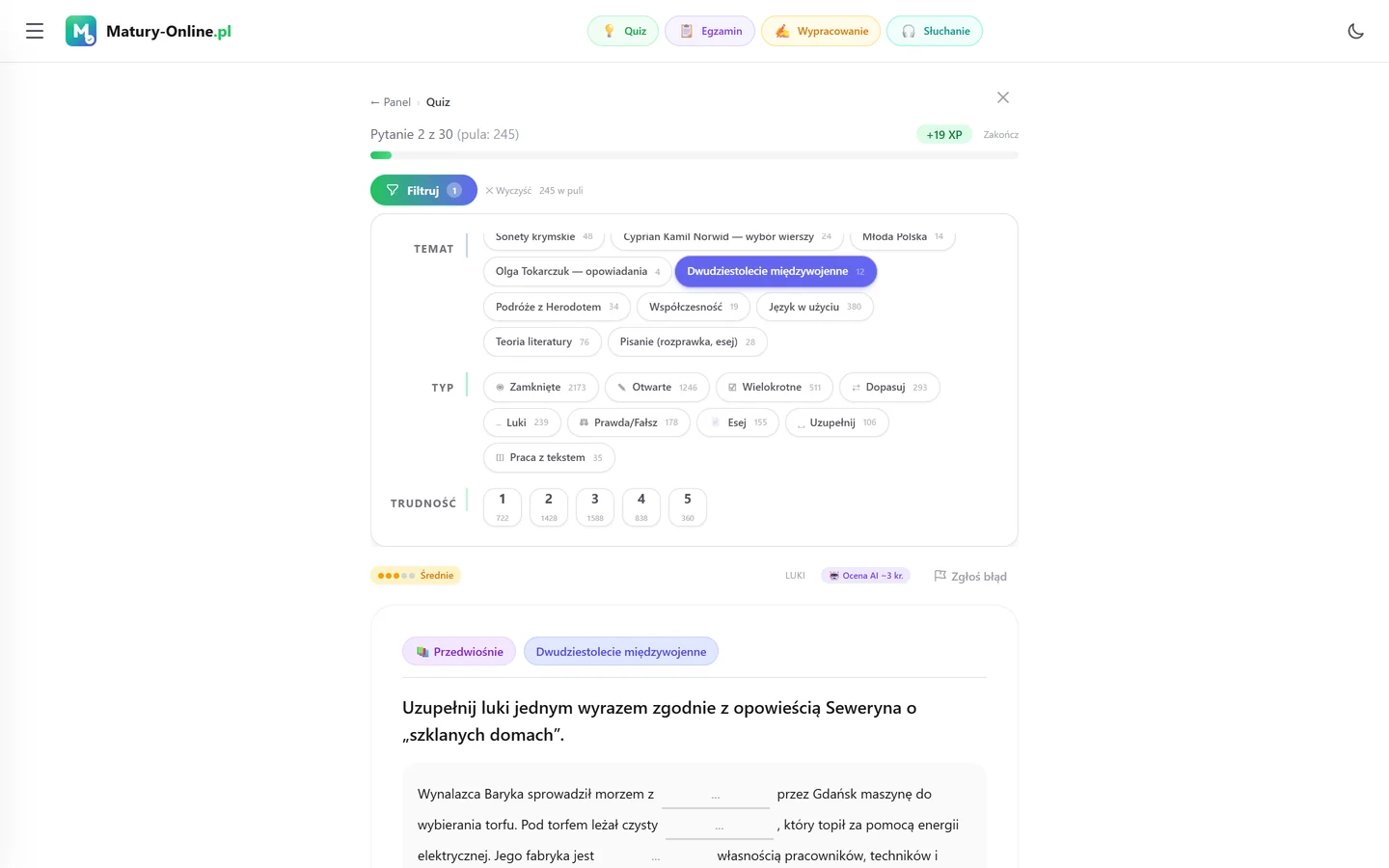 Quiz w Matury Online — panel „Filtruj” z zaznaczonym tematem „Dwudziestolecie międzywojenne”, typy zadań i trudność 1–5, pod spodem pytanie z tego tematu