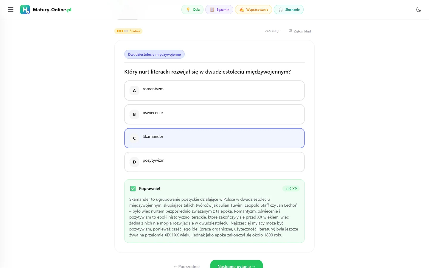 Quiz w Matury Online — pytanie z tematu „Dwudziestolecie międzywojenne” (Język polski) po sprawdzeniu odpowiedzi, z wynikiem i wyjaśnieniem